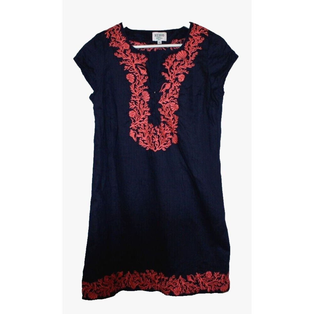 HIHO Dress Womens XS Blue Embroidered V-neck Pullover Vacation Island Linen